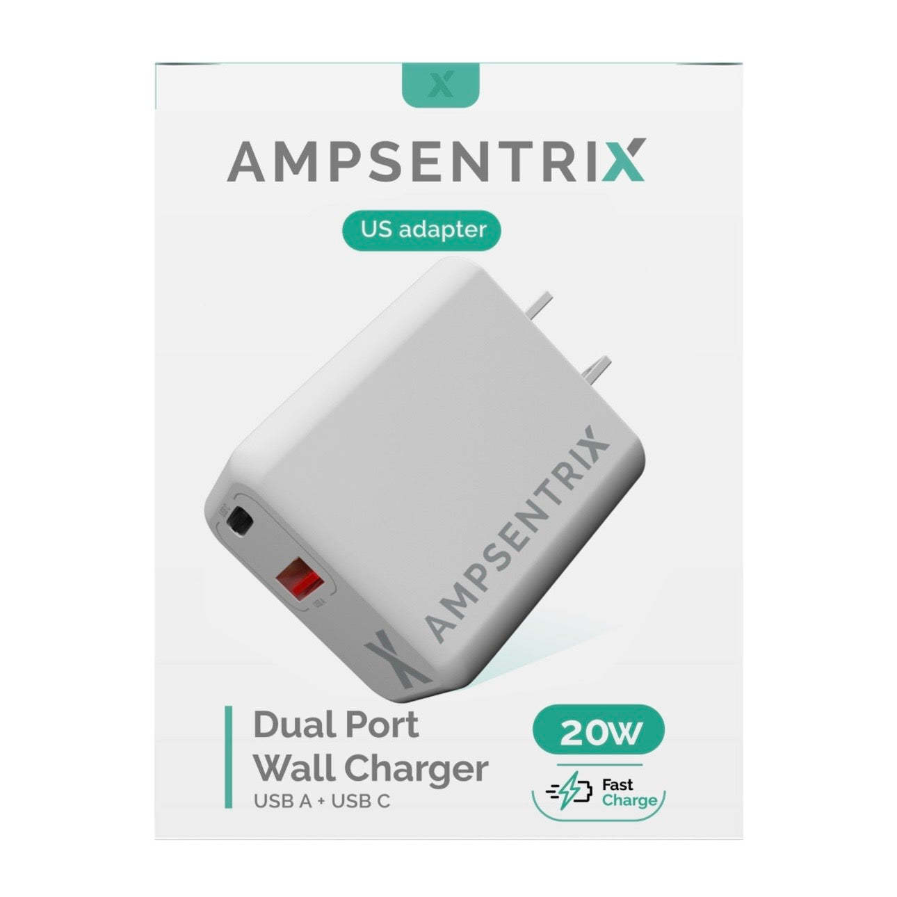 Wall Power Adapter - AmpSentrix 20W Dual Port Adapter - USB-A + USB-C